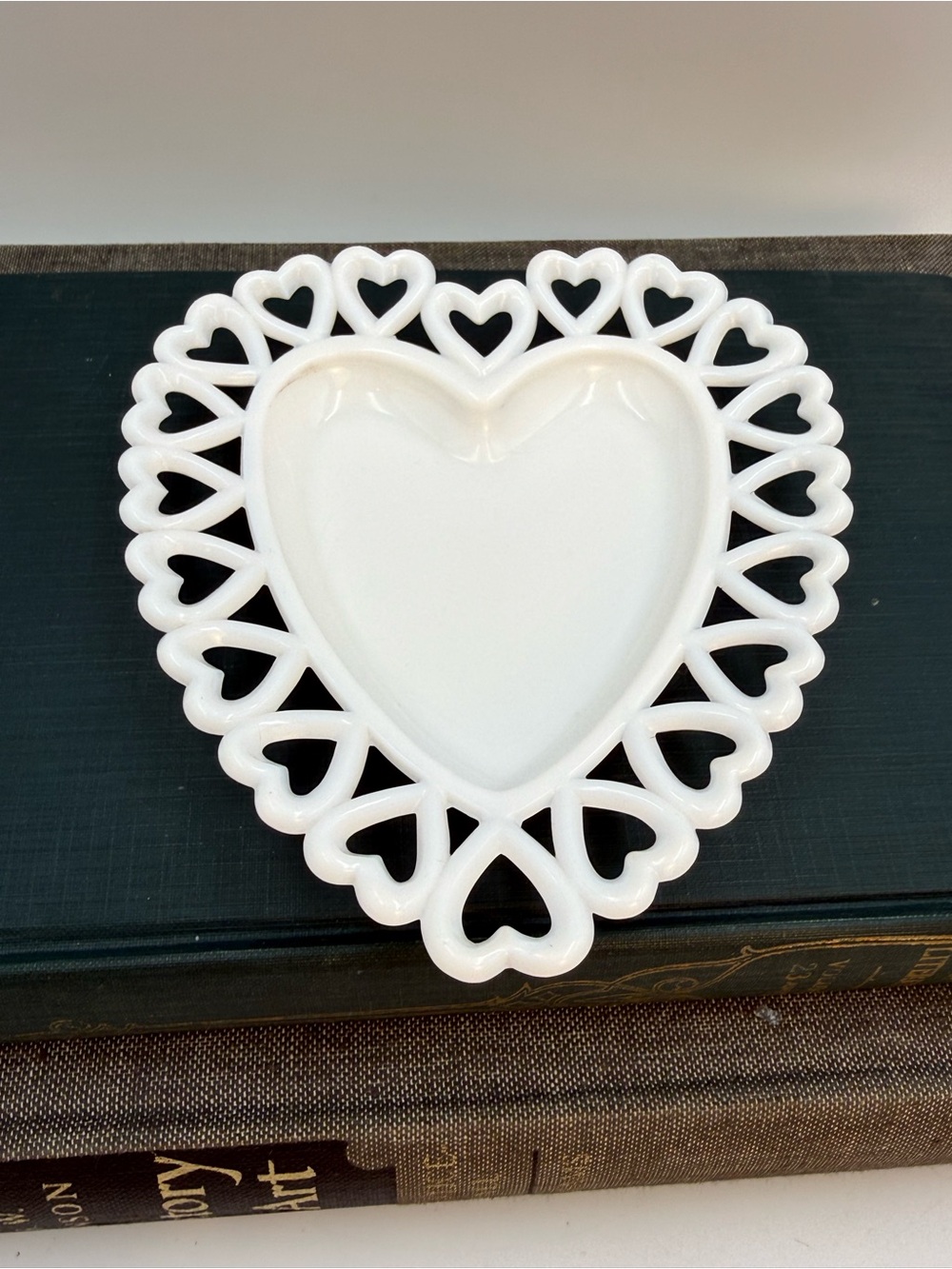 VINTAGE WESTMORERAND HEART SHAPED  MILK  GLASS RETICULATE LACE EDGE DISH